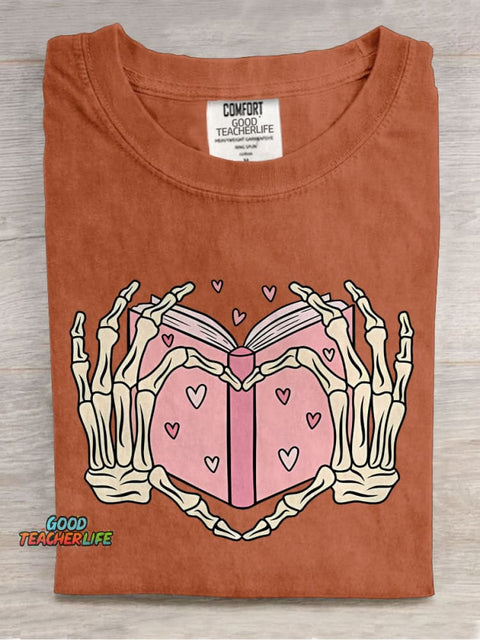 Book Lover Heart Skeleton Casual Print T-shirt