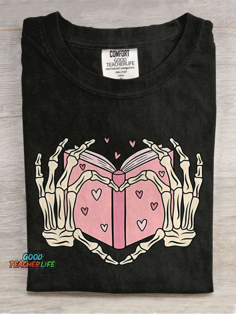 Book Lover Heart Skeleton Casual Print T-shirt