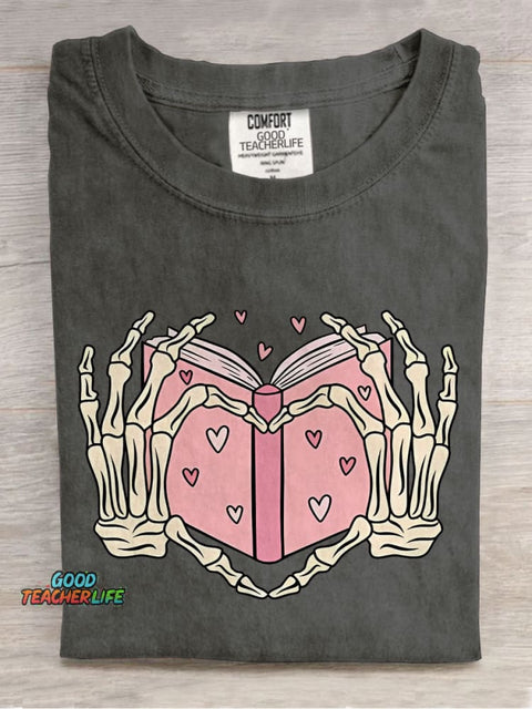 Book Lover Heart Skeleton Casual Print T-shirt