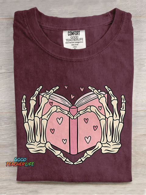 Book Lover Heart Skeleton Casual Print T-shirt
