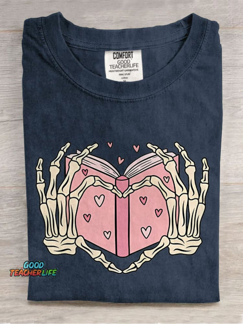 Book Lover Heart Skeleton Casual Print T-shirt