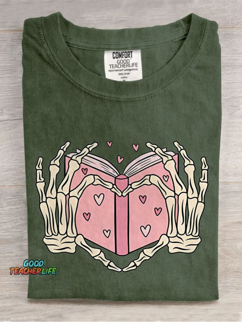 Book Lover Heart Skeleton Casual Print T-shirt