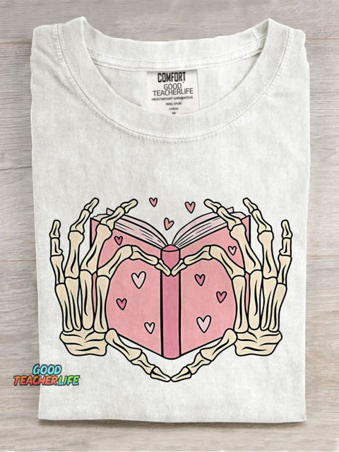Book Lover Heart Skeleton Casual Print T-shirt