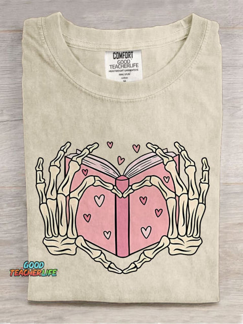 Book Lover Heart Skeleton Casual Print T-shirt