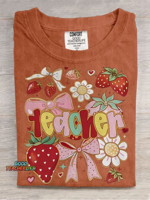 Coquette Teacher Strawberry Casual Print T-shirt