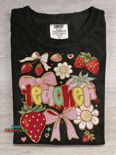 Coquette Teacher Strawberry Casual Print T-shirt