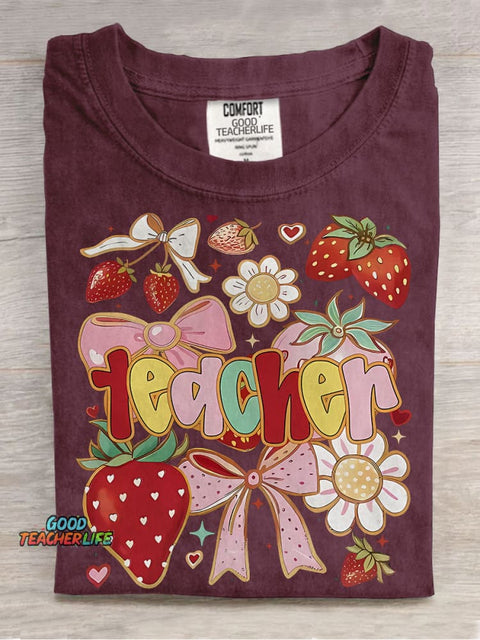 Coquette Teacher Strawberry Casual Print T-shirt