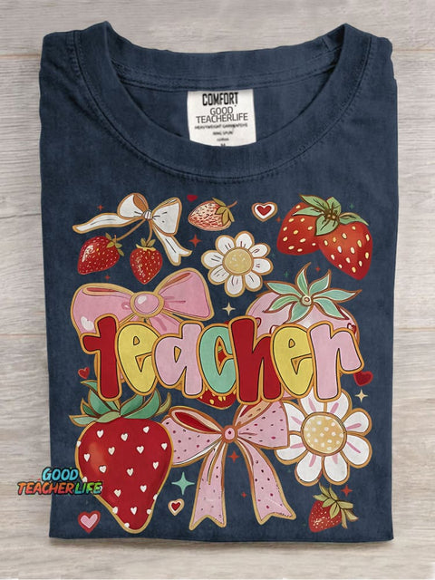 Coquette Teacher Strawberry Casual Print T-shirt