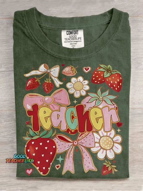Coquette Teacher Strawberry Casual Print T-shirt