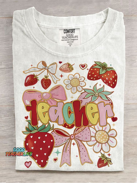 Coquette Teacher Strawberry Casual Print T-shirt