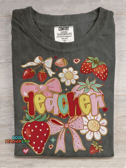 Coquette Teacher Strawberry Casual Print T-shirt