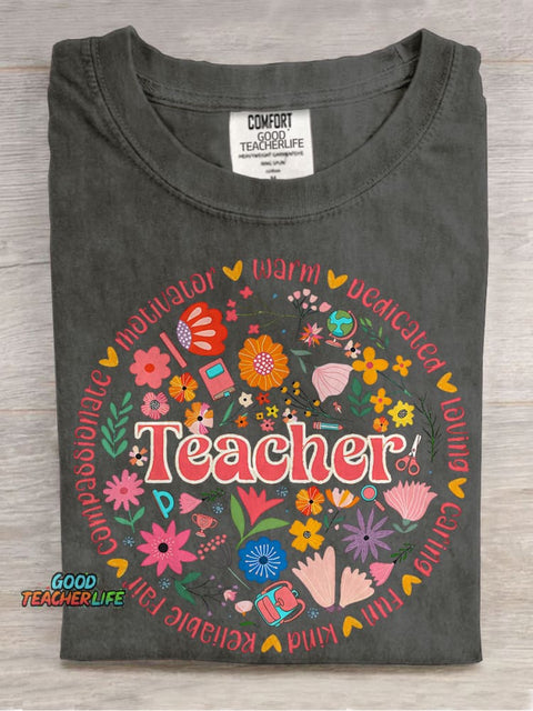 Retro Floral Teacher Boho Casual Print T-shirt