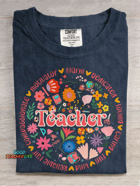 Retro Floral Teacher Boho Casual Print T-shirt