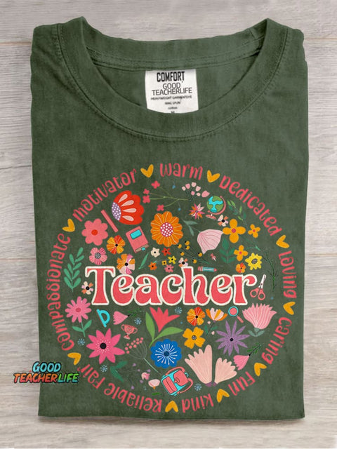 Retro Floral Teacher Boho Casual Print T-shirt