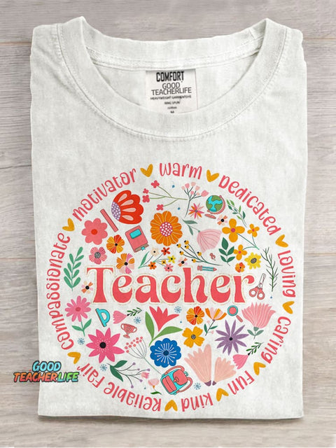Retro Floral Teacher Boho Casual Print T-shirt