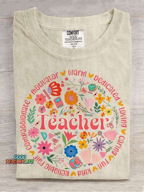 Retro Floral Teacher Boho Casual Print T-shirt