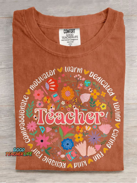 Retro Floral Teacher Boho Casual Print T-shirt