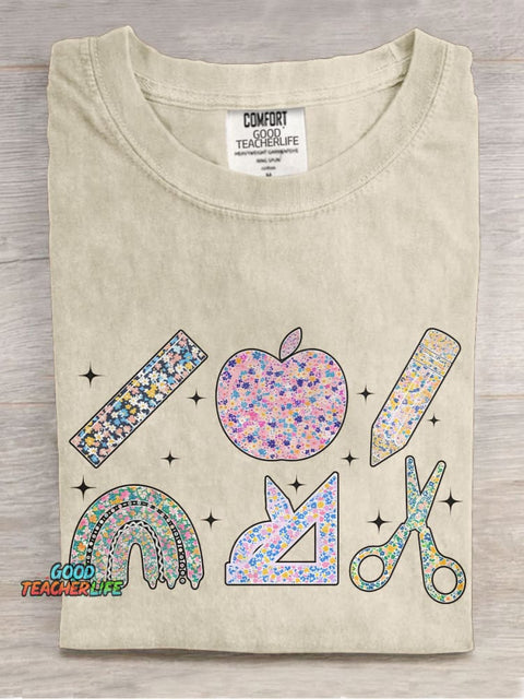 Floral Teacher Stationery Summer Casual Print T-shirt
