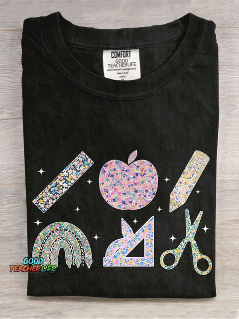 Floral Teacher Stationery Summer Casual Print T-shirt