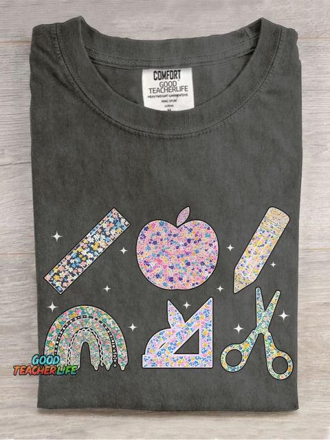 Floral Teacher Stationery Summer Casual Print T-shirt