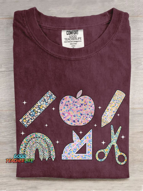 Floral Teacher Stationery Summer Casual Print T-shirt