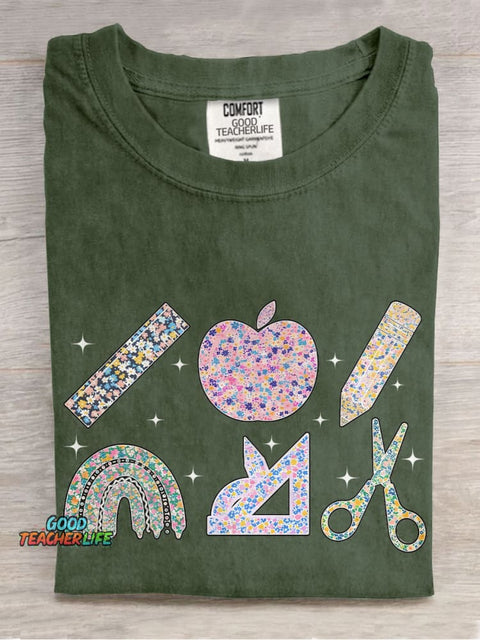 Floral Teacher Stationery Summer Casual Print T-shirt