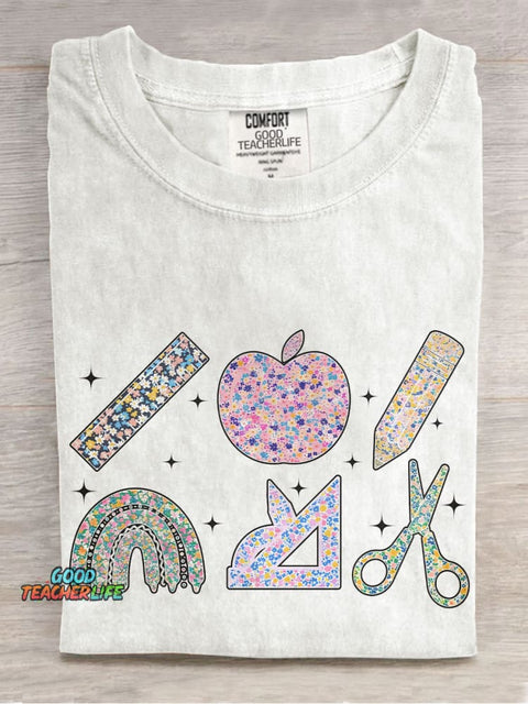 Floral Teacher Stationery Summer Casual Print T-shirt