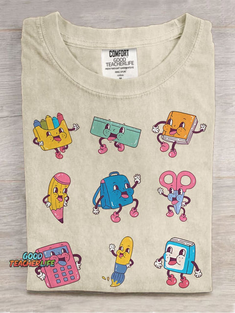 School Supplies Teacher Retro Casual Print T-shirt