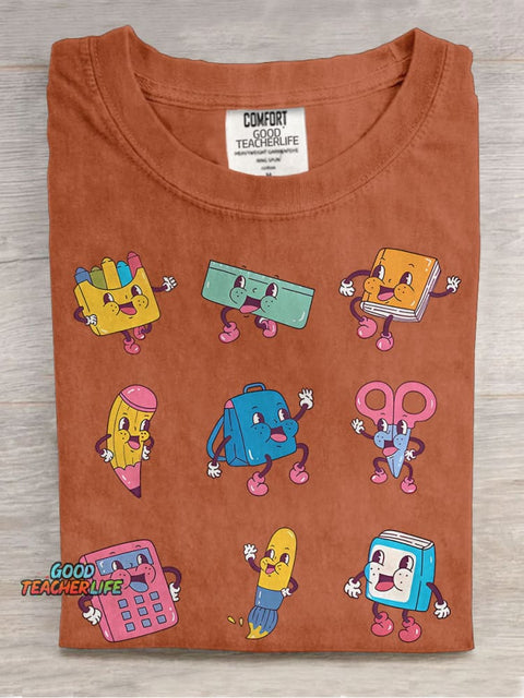 School Supplies Teacher Retro Casual Print T-shirt