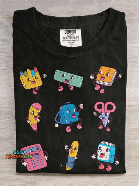 School Supplies Teacher Retro Casual Print T-shirt