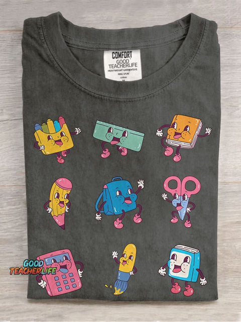 School Supplies Teacher Retro Casual Print T-shirt