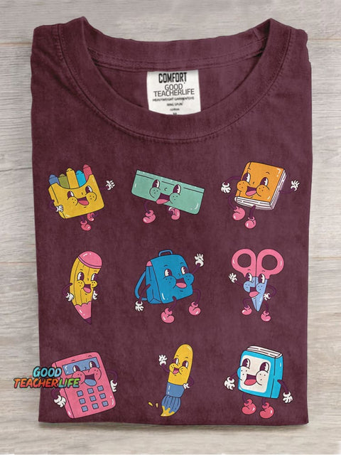 School Supplies Teacher Retro Casual Print T-shirt