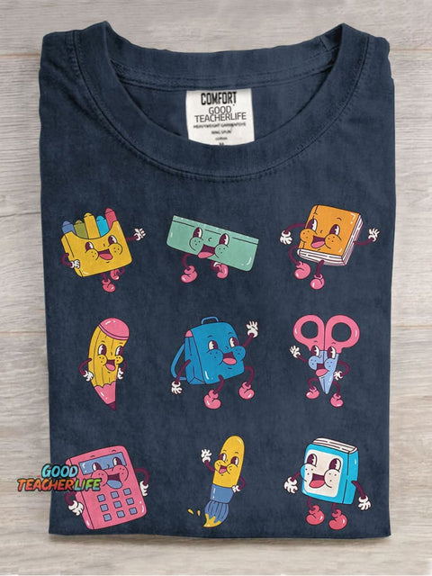 School Supplies Teacher Retro Casual Print T-shirt