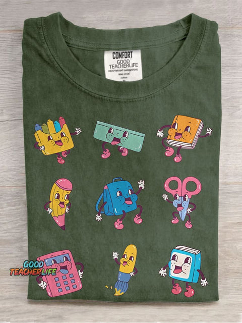 School Supplies Teacher Retro Casual Print T-shirt