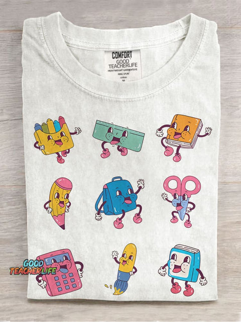 School Supplies Teacher Retro Casual Print T-shirt