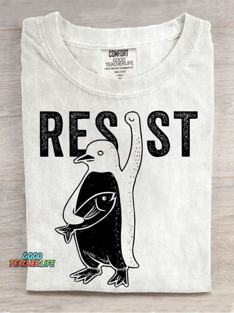 Funny Resist Penguin Casual Print T-shirt