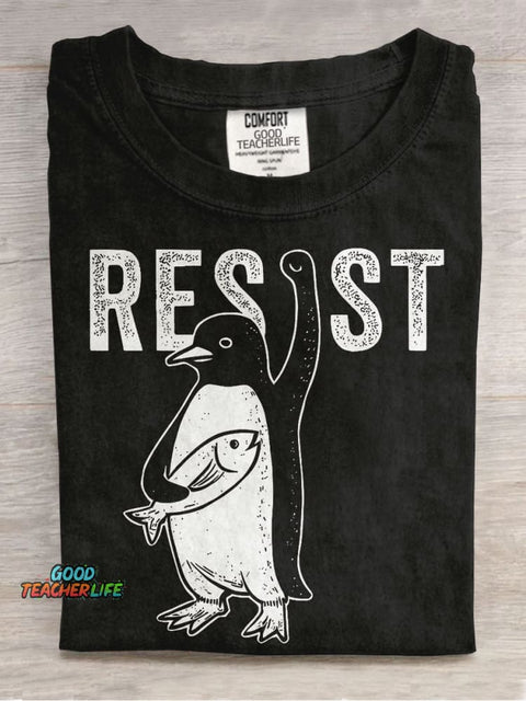 Funny Resist Penguin Casual Print T-shirt