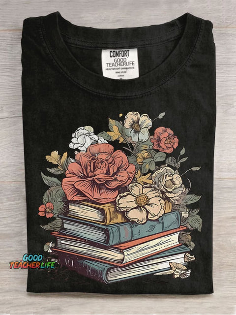 Floral Books Casual Print T-shirt