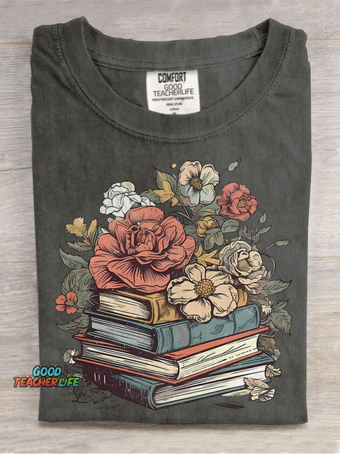 Floral Books Casual Print T-shirt