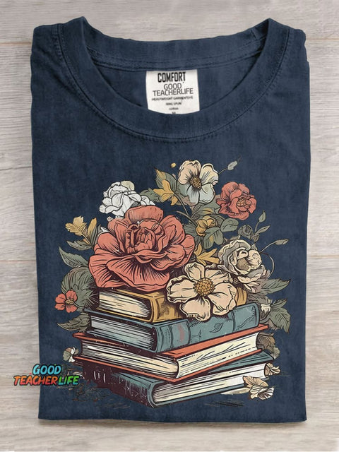 Floral Books Casual Print T-shirt