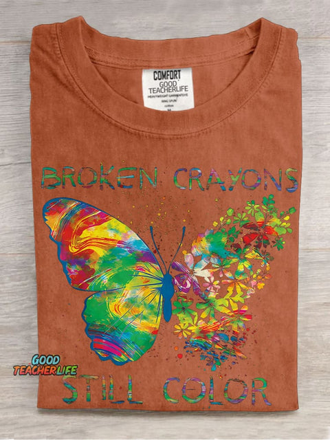 Broken Crayons Still Color Butterfly Casual Print T-shirt