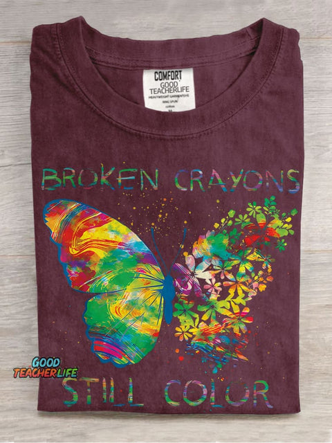 Broken Crayons Still Color Butterfly Casual Print T-shirt