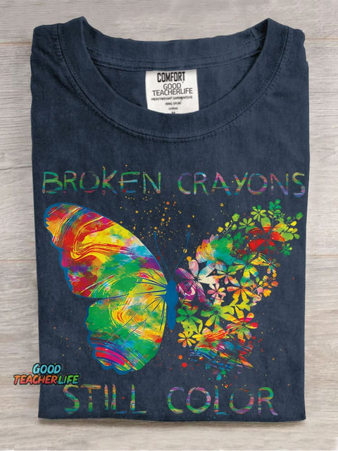 Broken Crayons Still Color Butterfly Casual Print T-shirt