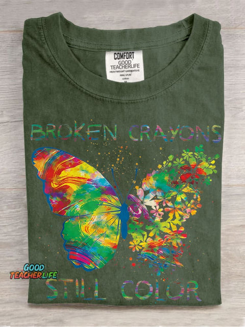 Broken Crayons Still Color Butterfly Casual Print T-shirt