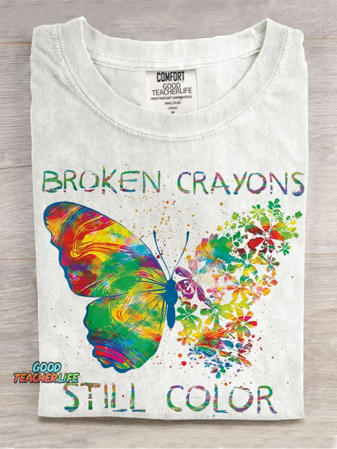 Broken Crayons Still Color Butterfly Casual Print T-shirt