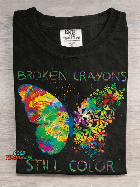 Broken Crayons Still Color Butterfly Casual Print T-shirt