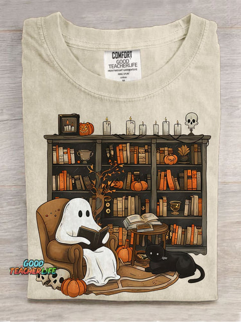 Retro Ghost Reading Books Librarian Ghost Halloween Teacher Sweatshirt Boo Casual Print T-shirt