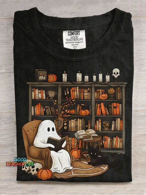 Retro Ghost Reading Books Librarian Ghost Halloween Teacher Sweatshirt Boo Casual Print T-shirt