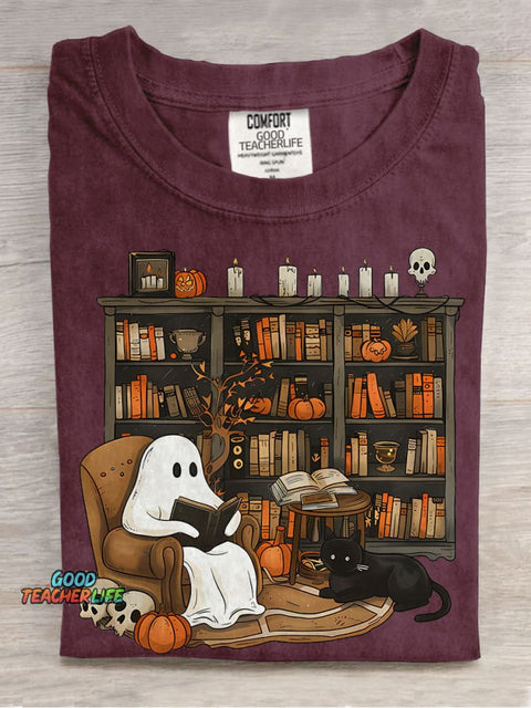 Retro Ghost Reading Books Librarian Ghost Halloween Teacher Sweatshirt Boo Casual Print T-shirt
