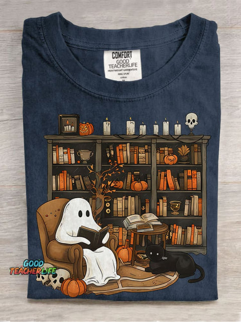 Retro Ghost Reading Books Librarian Ghost Halloween Teacher Sweatshirt Boo Casual Print T-shirt